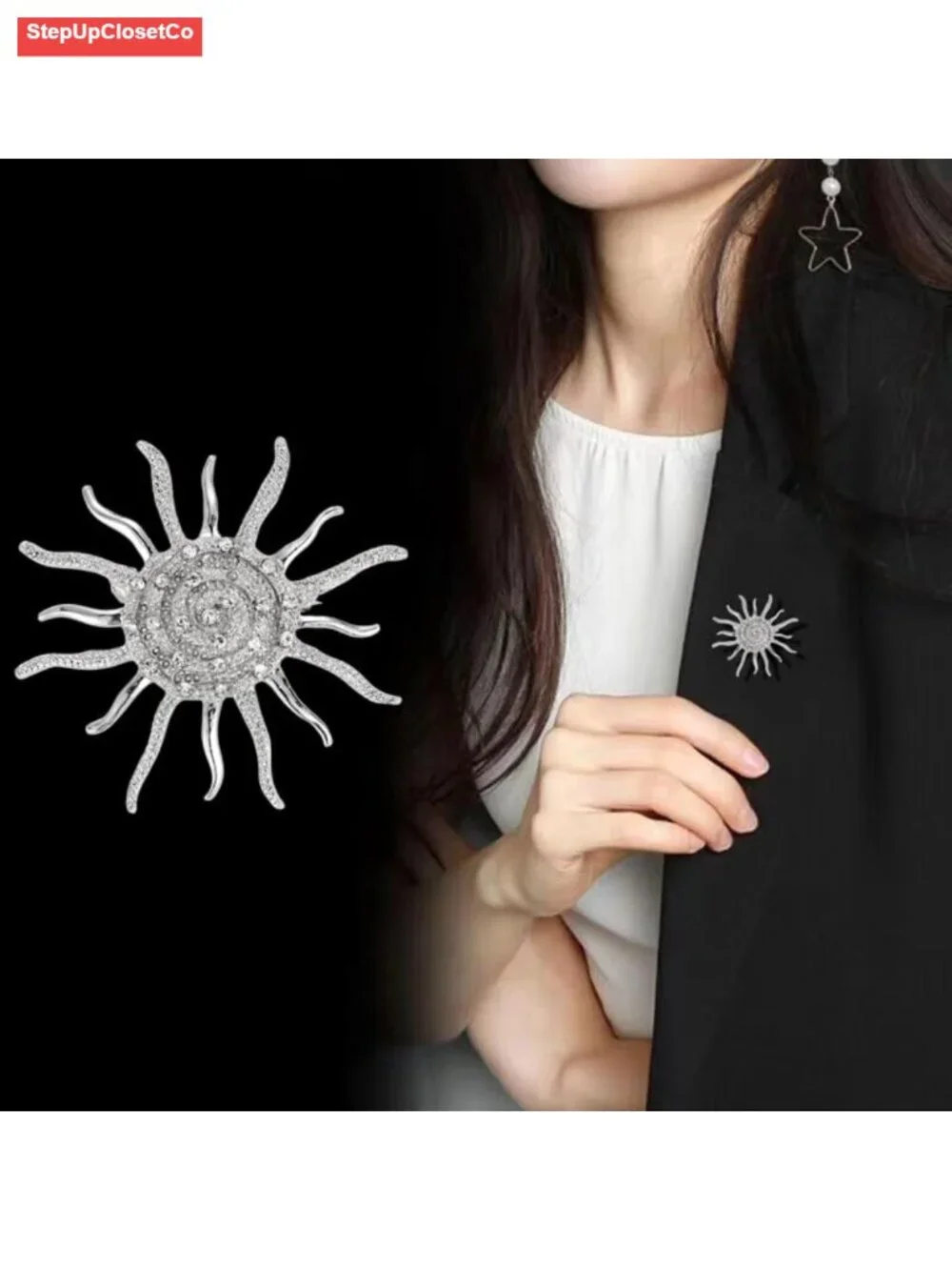 Dainty Crystal Sun Brooch Spiral Rhinestone Pin for Women